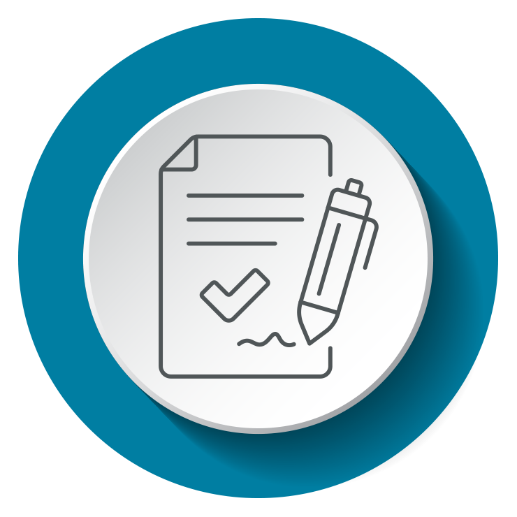 Icon of a contract with a checkmark and pen